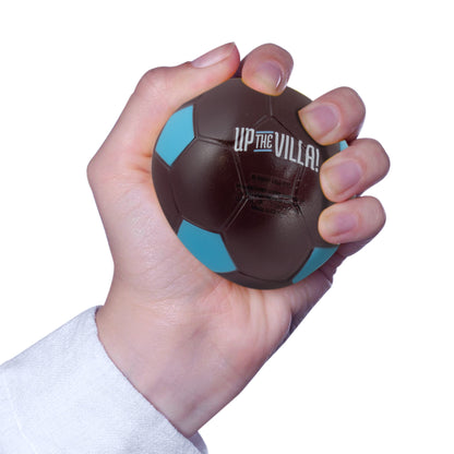Hy-Pro Official Aston Villa stress ball in burgundy and blue being squeezed in a hand on a white background