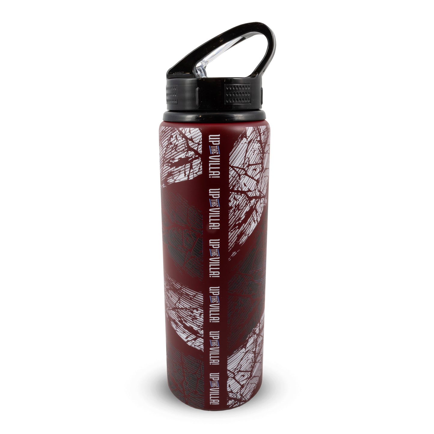 Back of Hy-Pro Official Aston Villa water bottle in red with Aston villa rest on a white background
