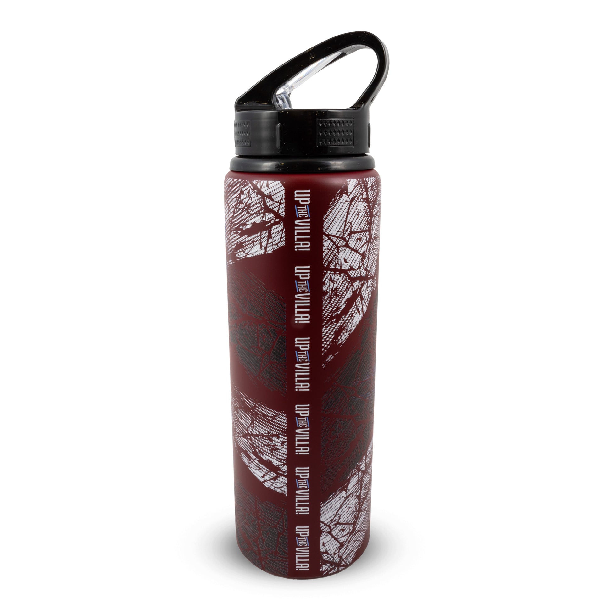 Back of Hy-Pro Official Aston Villa water bottle in red with Aston villa rest on a white background