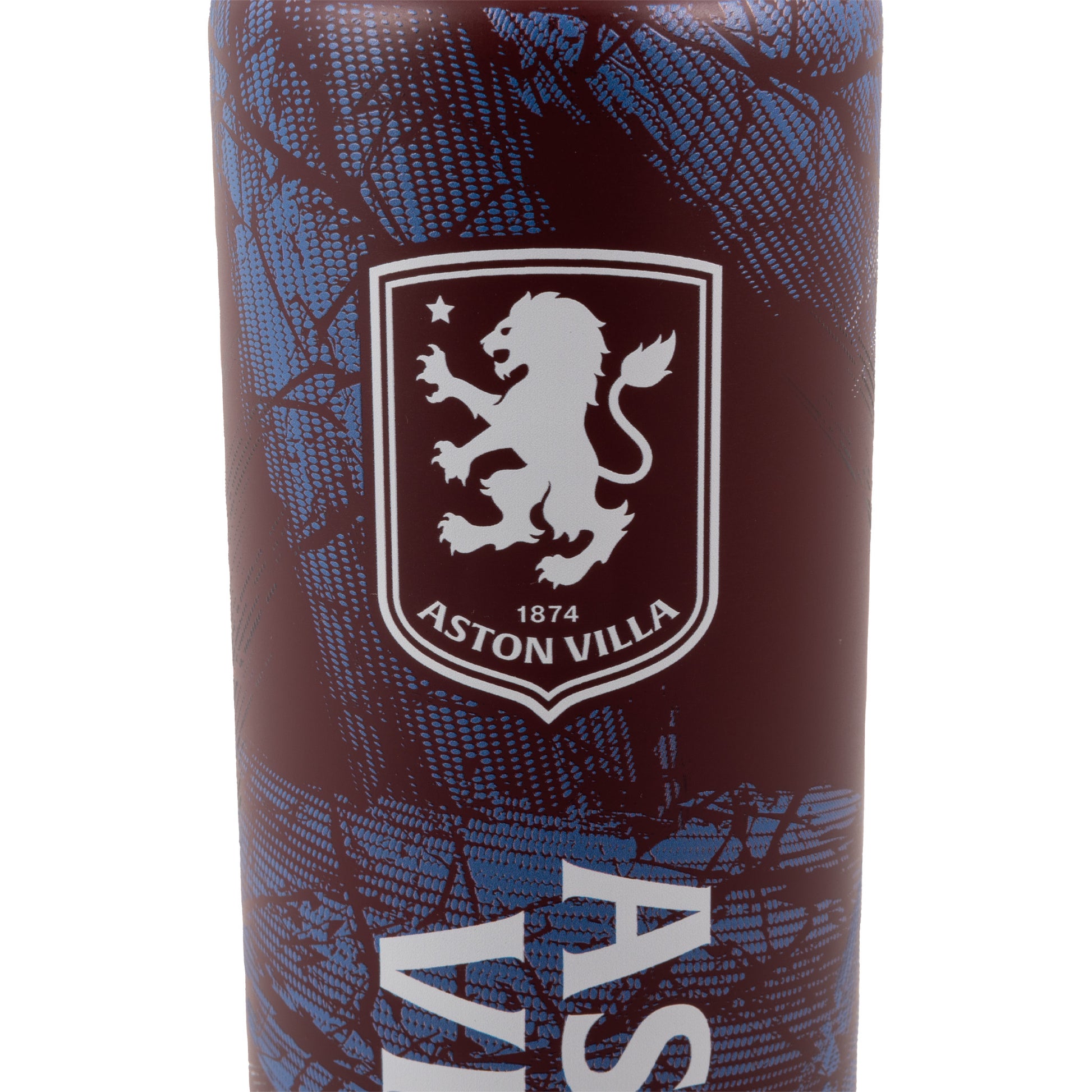 Hy-Pro Official Aston Villa water bottle in burgundy with close up of white Aston villa crest on a white background