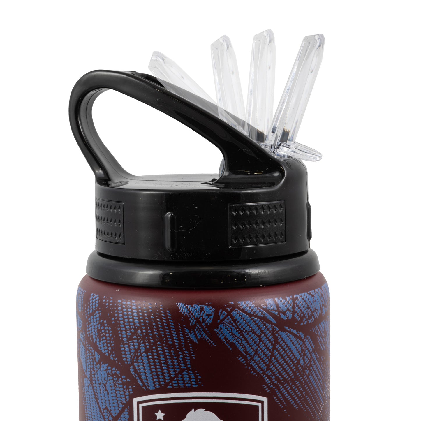 Close up of the straw on the Hy-Pro Official Aston Villa water bottle in burgundy with Aston villa rest on a white background