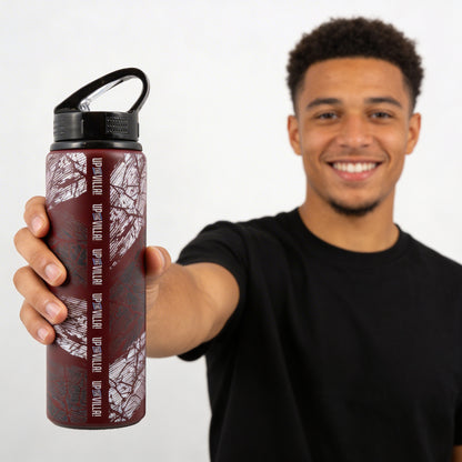 Hy-Pro Official Aston Villa water bottle in burgundy with Aston villa branding being held out by a model with a white background