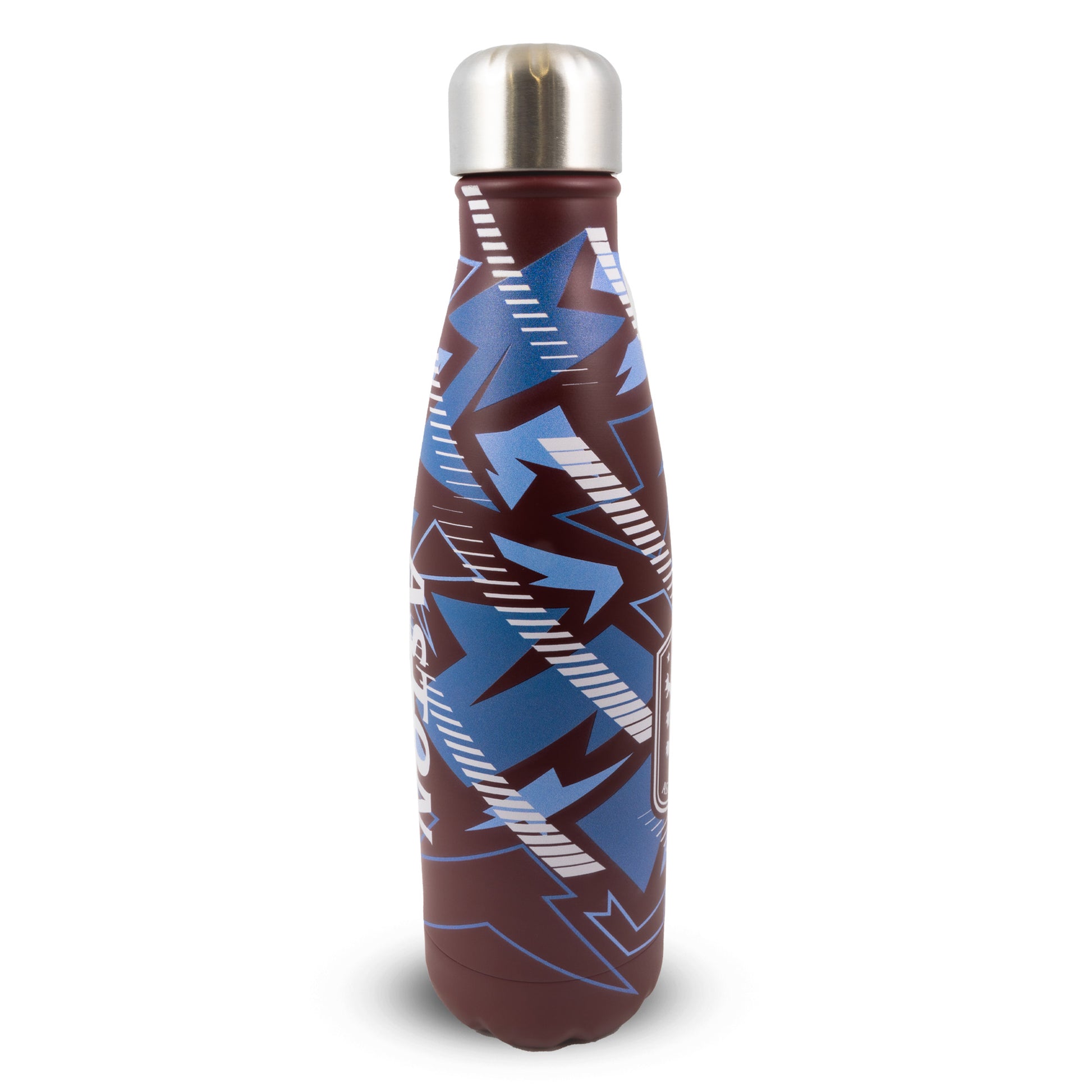Officially licensed Aston Villa thermal water bottle by Hy-Pro Sports on a white background featuring Burgundy base and a blue and white geometric print