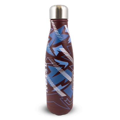 Officially licensed Aston Villa thermal water bottle by Hy-Pro Sports on a white background featuring Burgundy base and a blue and white geometric print
