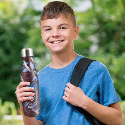 A child smiling while holding the Officially licensed Aston Villa thermal water bottle by Hy-Pro Sports. Background is a green park like setting 
