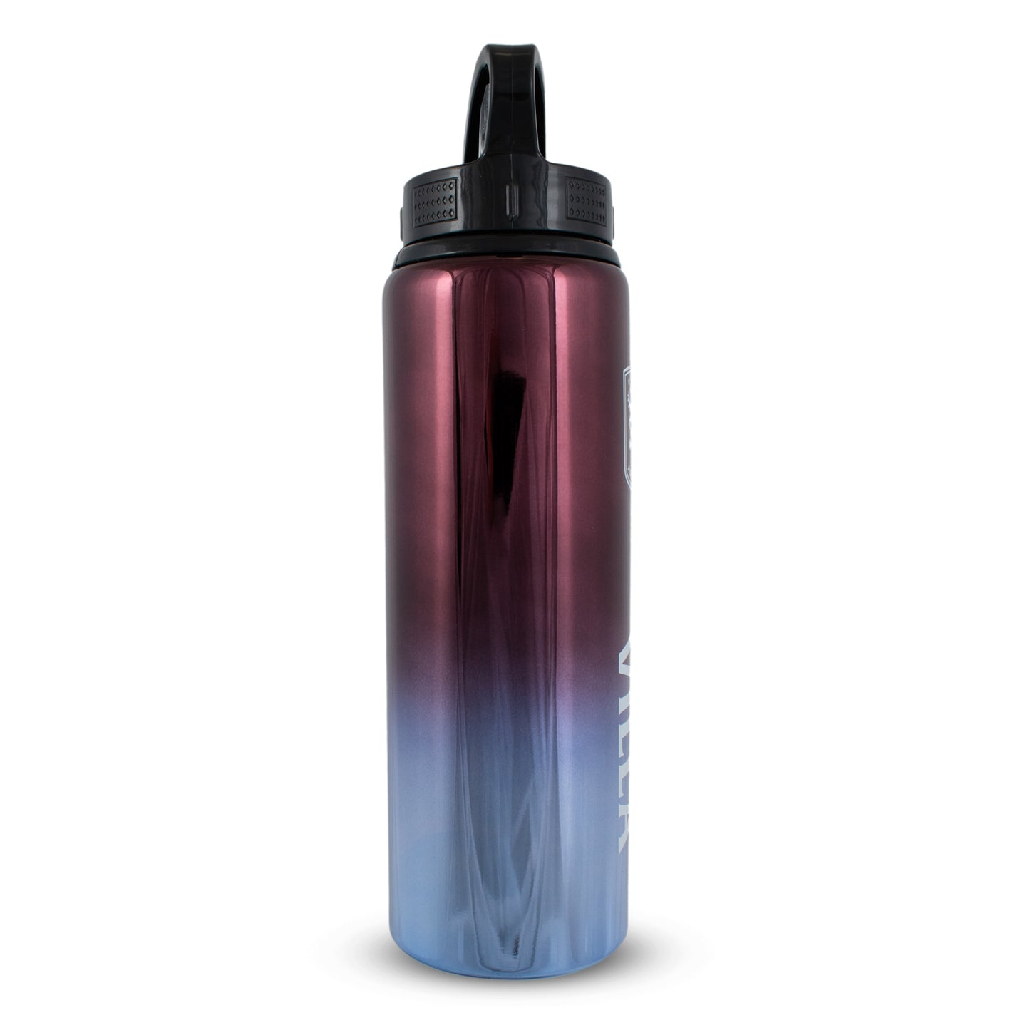Side view of Official Aston Villa sports water bottle by HY-Pro Sports in Burgundy and blue fade on a white background