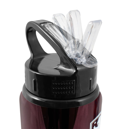 Close up of lid and straw on Official Aston Villa sports water bottle by HY-Pro Sports in Burgundy and blue fade on a white background