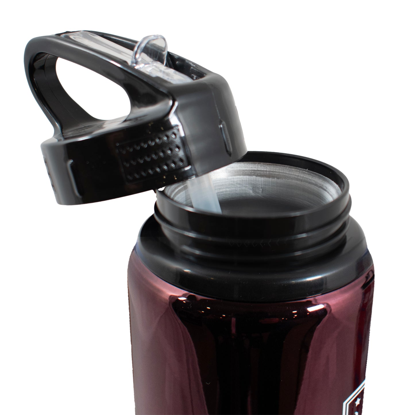 Close up of the lid unscrewed on Official Aston Villa sports water bottle by HY-Pro Sports in Burgundy and blue fade on a white background