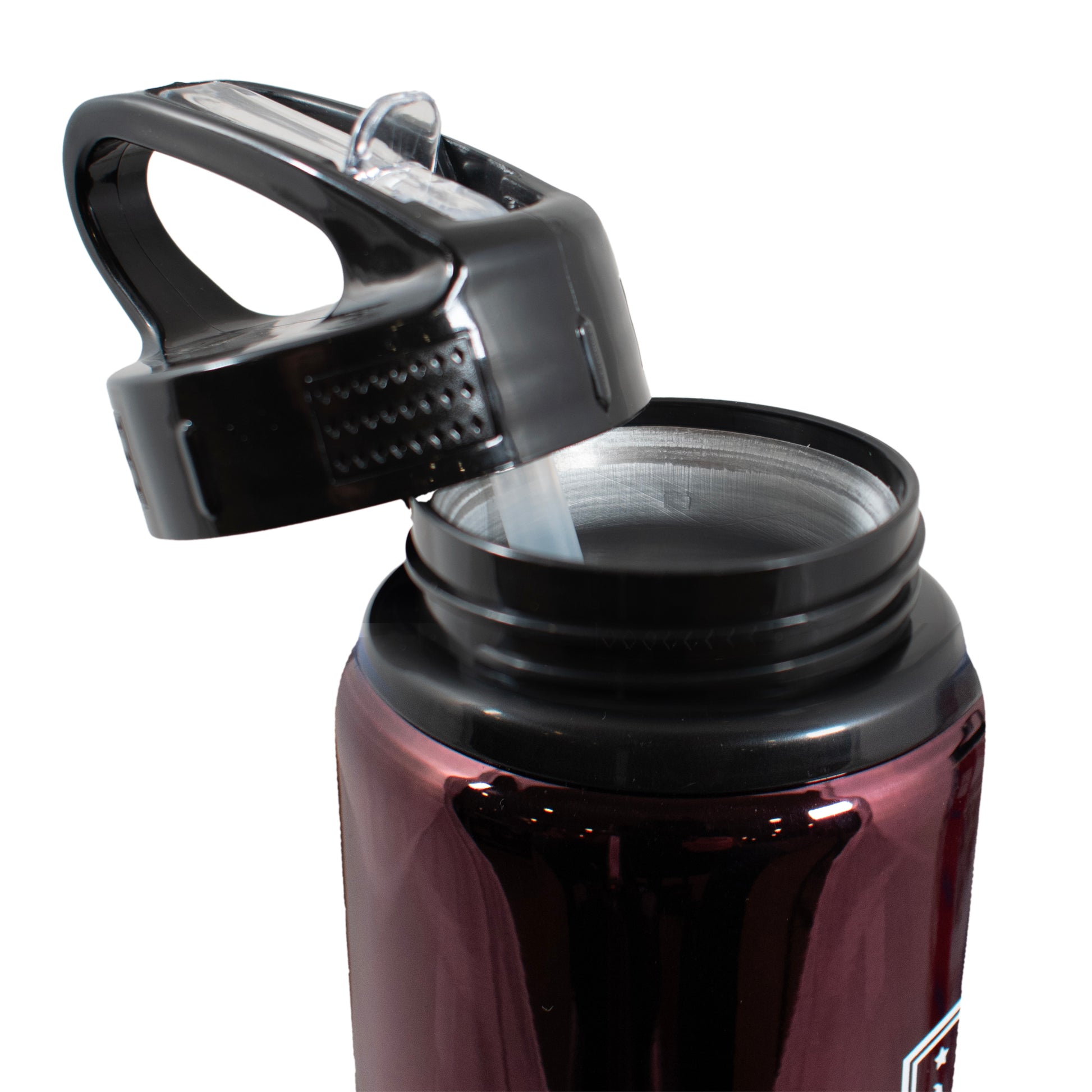 Close up of the lid unscrewed on Official Aston Villa sports water bottle by HY-Pro Sports in Burgundy and blue fade on a white background