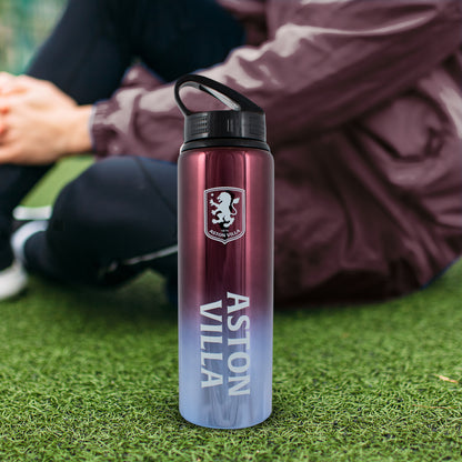 Official Aston Villa sports water bottle by HY-Pro Sports in Burgundy and blue fade on a grass pitch in front of a player