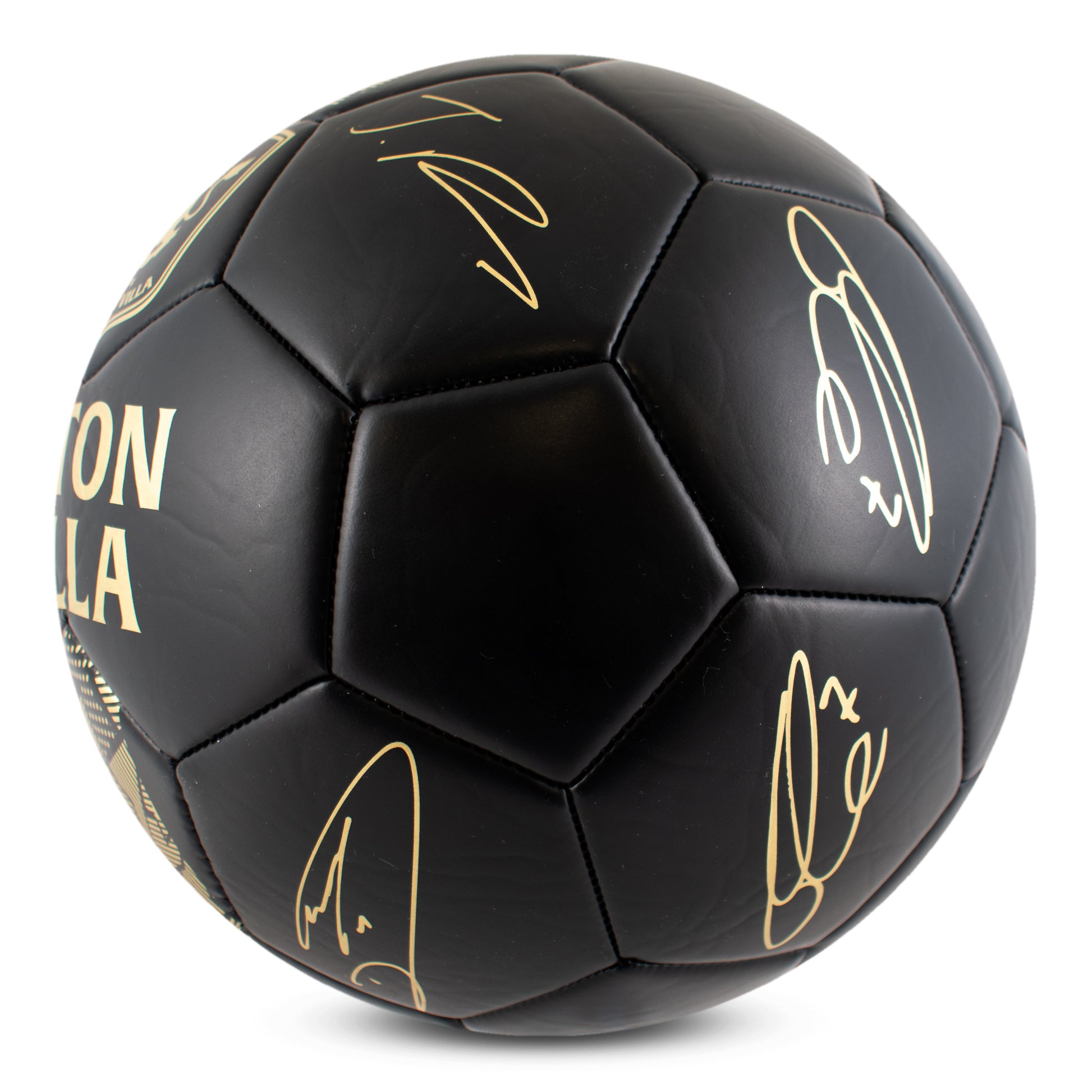 Officially licensed Aston villa size 1 phantom football in matte black with gold player signatures on a white background