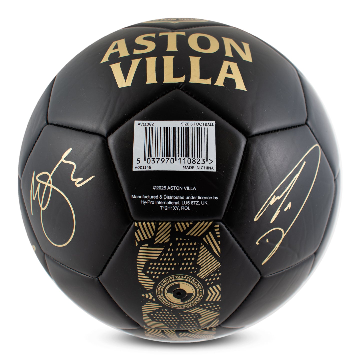 Base of Officially licensed Aston villa size 1 phantom football in matte black with gold detailing on a white background