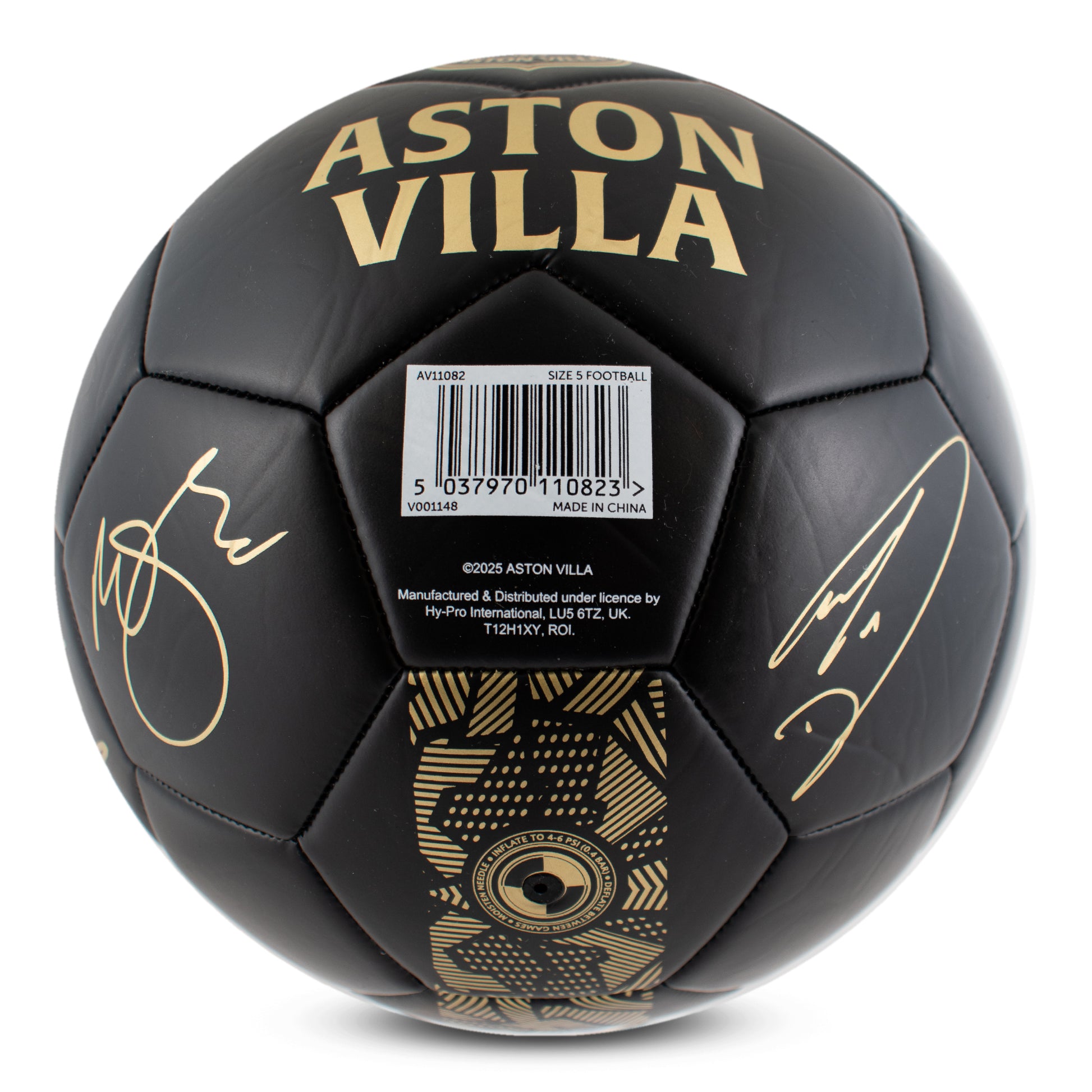 Base of Officially licensed Aston villa size 1 phantom football in matte black with gold detailing on a white background