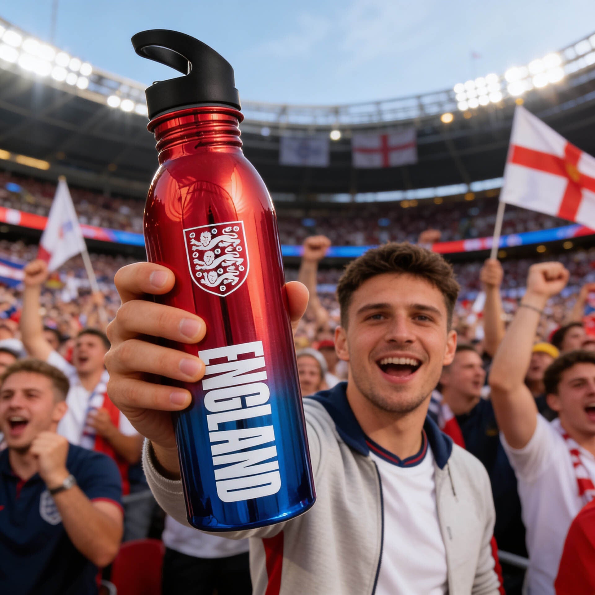 Official England 3 Lions bottle in red and blue with 3 lions badge being held y a football fan in an audience 