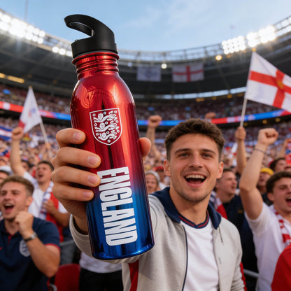Official England 3 Lions bottle in red and blue with 3 lions badge being held y a football fan in an audience 