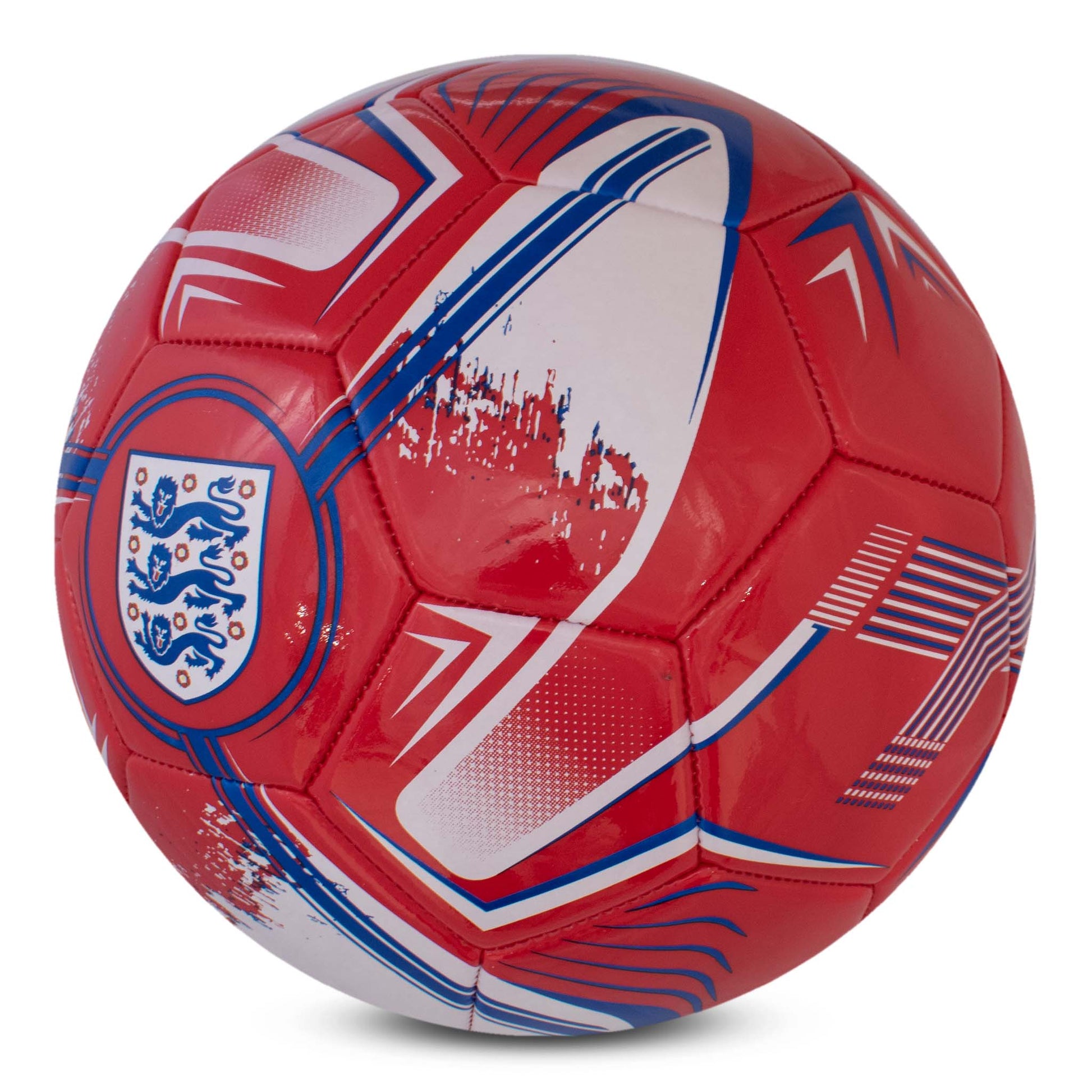 SIDE VIEW OF Officially licensed England FOOTBALL IN BOLD RED TURBINE DESIGN ON A WHITE BACKGROUND