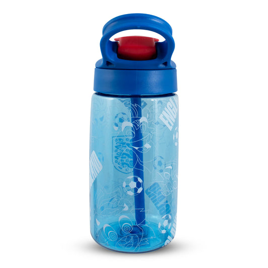 OFFICIALLY LICENSED ENGLAND WATER BOOTTLE WITH KID FRIENDLY PRINT IN BLUE ON A WHITE BACKGROUND