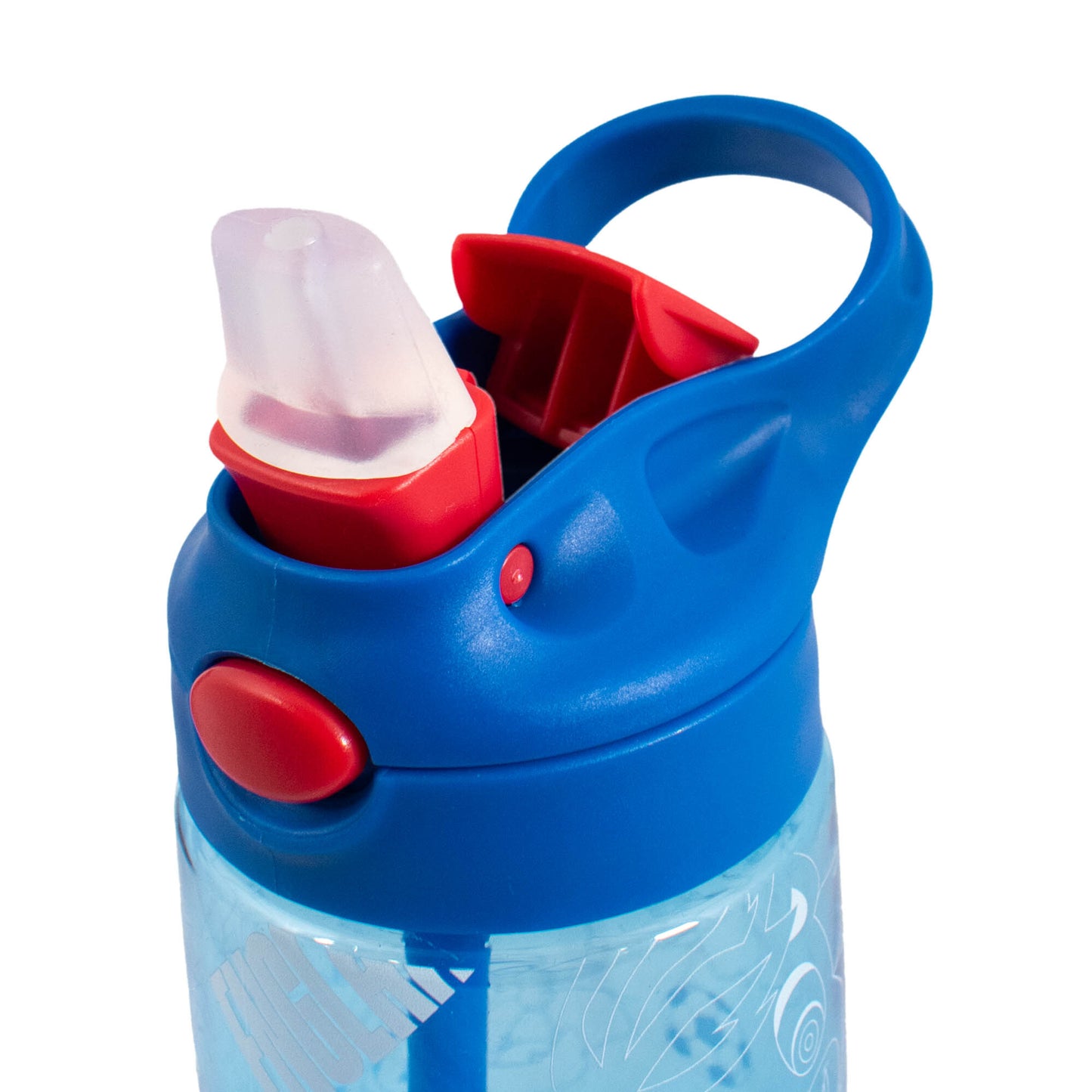STRAW ON OFFICIALLY LICENSED ENGLAND WATER BOOTTLE WITH KID FRIENDLY PRINT IN BLUE ON A WHITE BACKGROUND
