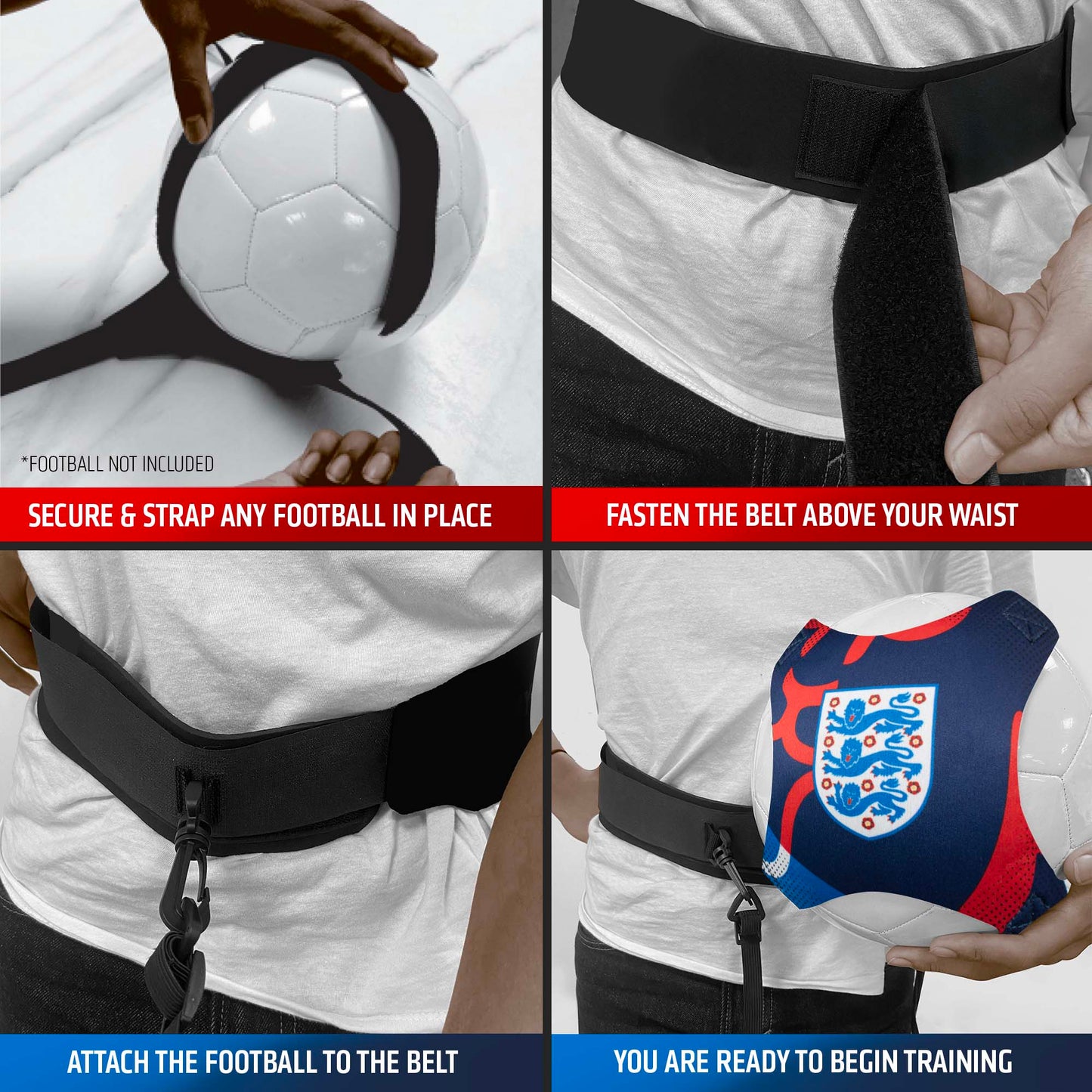 Officially licensed England Kick trainer by Hy-pro sports. 4 images showing how to attach trainer to a football and how to attach the other end of trainer to waist.