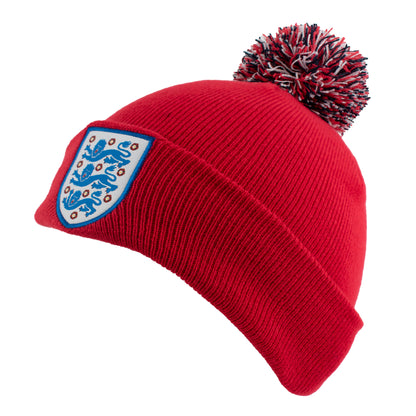 Officially licensed England bobble hat in Red with 3 lions crest and red white and black pom pom by Hy-Pro Sports on a white background