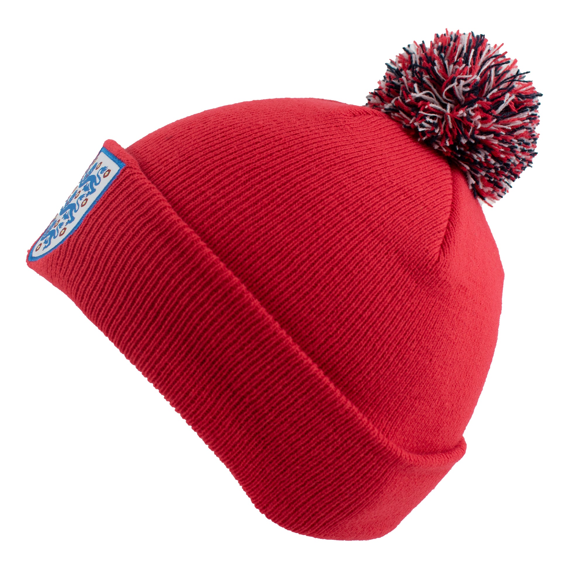 Side of Officially licensed England bobble hat in Blue with 3 lions crest and red white and black pom pom by Hy-Pro Sports on a white background