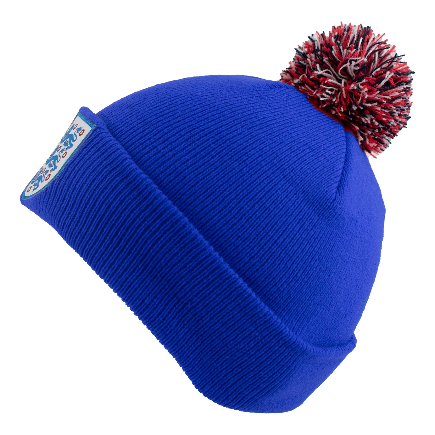 Side view of Officially licensed England bobble hat in Blue with 3 lions crest by Hy-Pro Sports on a white background