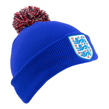 Officially licensed England bobble hat in Blue with 3 lions crest and red white and black pom pom by Hy-Pro Sports on a white background