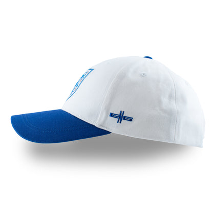 Officially licensed England cap in blue and white with 3 lions crest by Hy-Pro Sports on a white background
