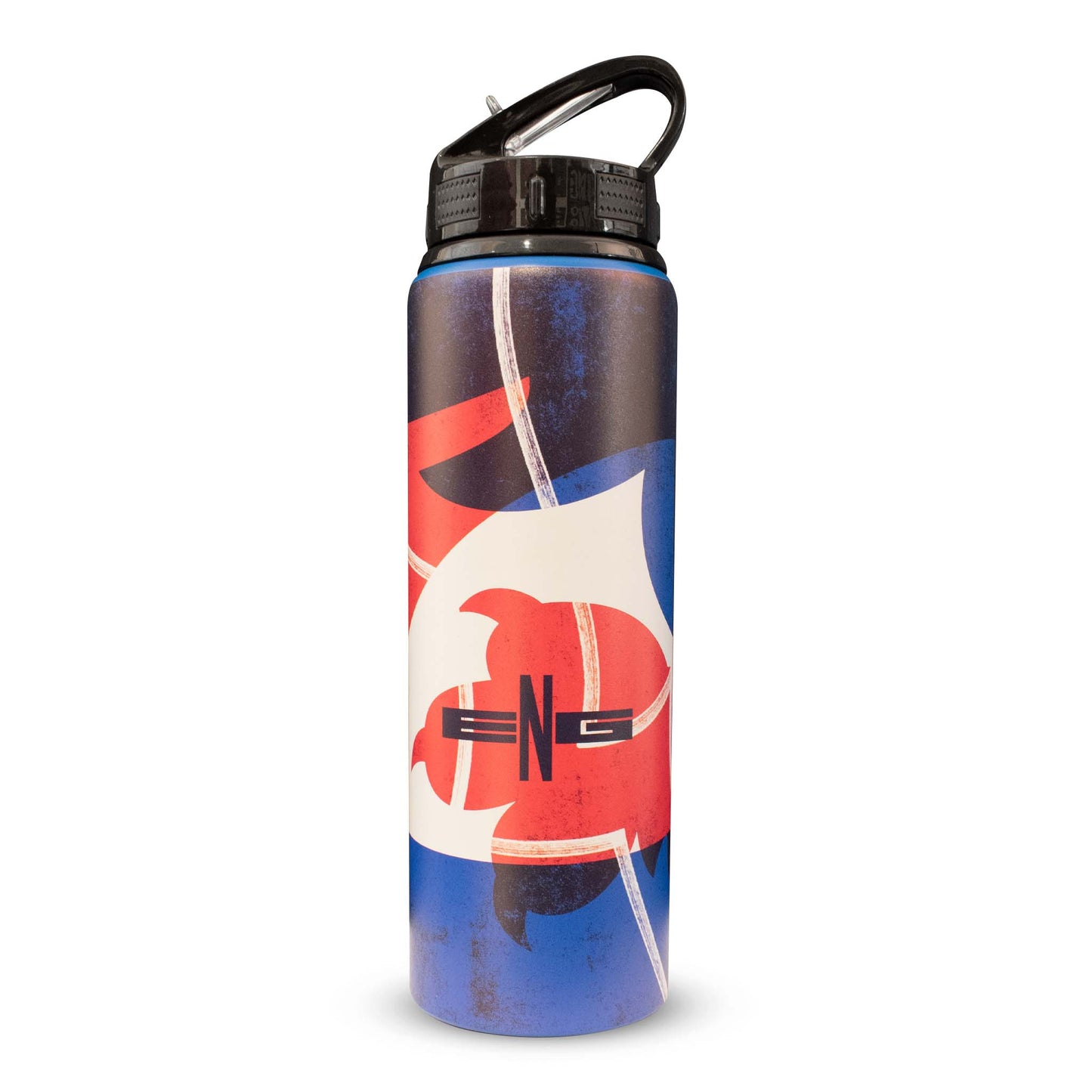 Back of Officially Licensed England FC 3 lions water bottle by Hy-Pro on a white background