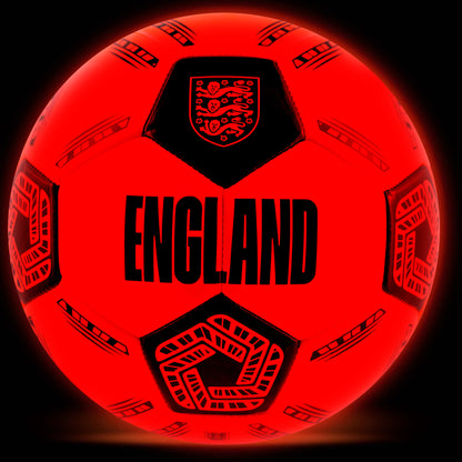 Officially licensed England FA football in neon orange glow in the dark design by hy-pro sports glowing on a black background
