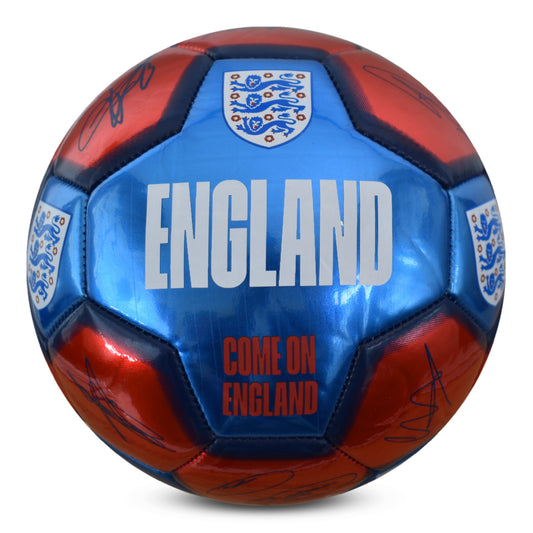 HY-PRO OFFICIALLY LICESNED ENGLAND SIGNATURE BALL METALLIC  IN RED AND BLUE WITH PLAYER SIGNATURES ON A WHITE BACKGROUND
