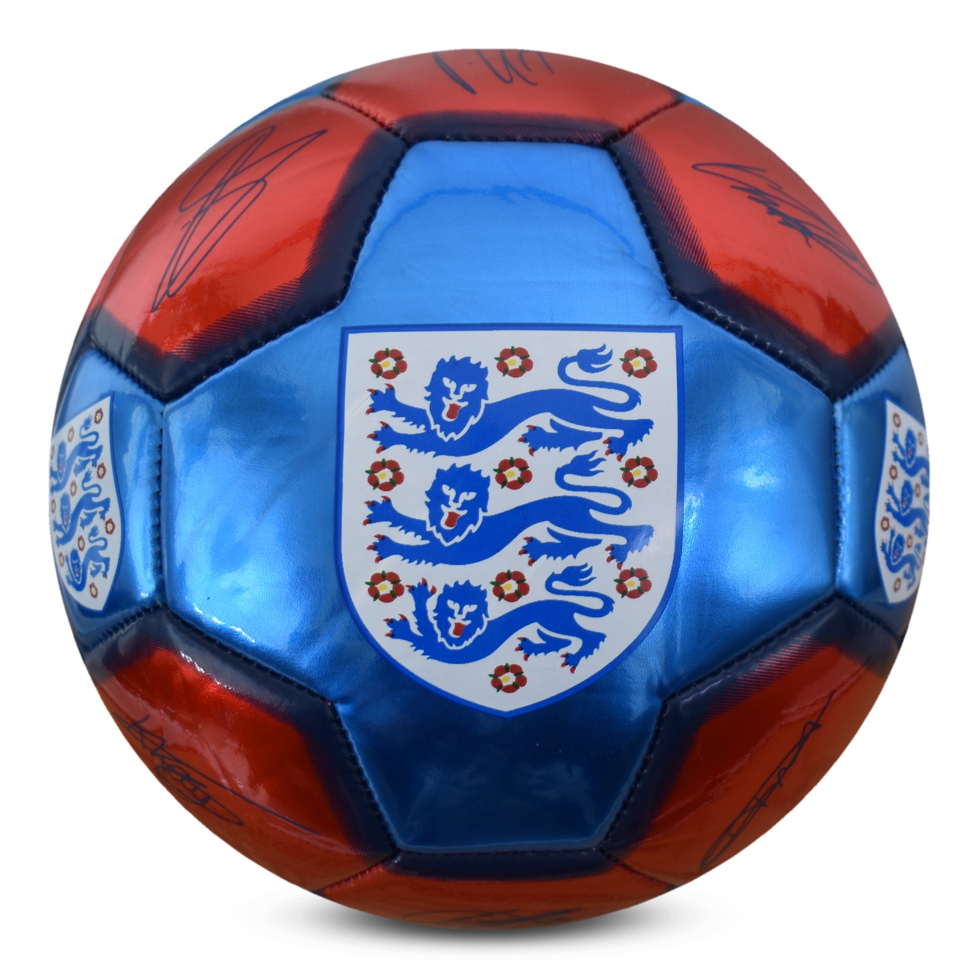 HY-PRO OFFICIALLY LICESNED ENGLAND SIGNATURE BALL METALLIC  IN RED AND BLUE WITH PLAYER SIGNATURES  AND 3 LIONS CREST ON A WHITE BACKGROUND