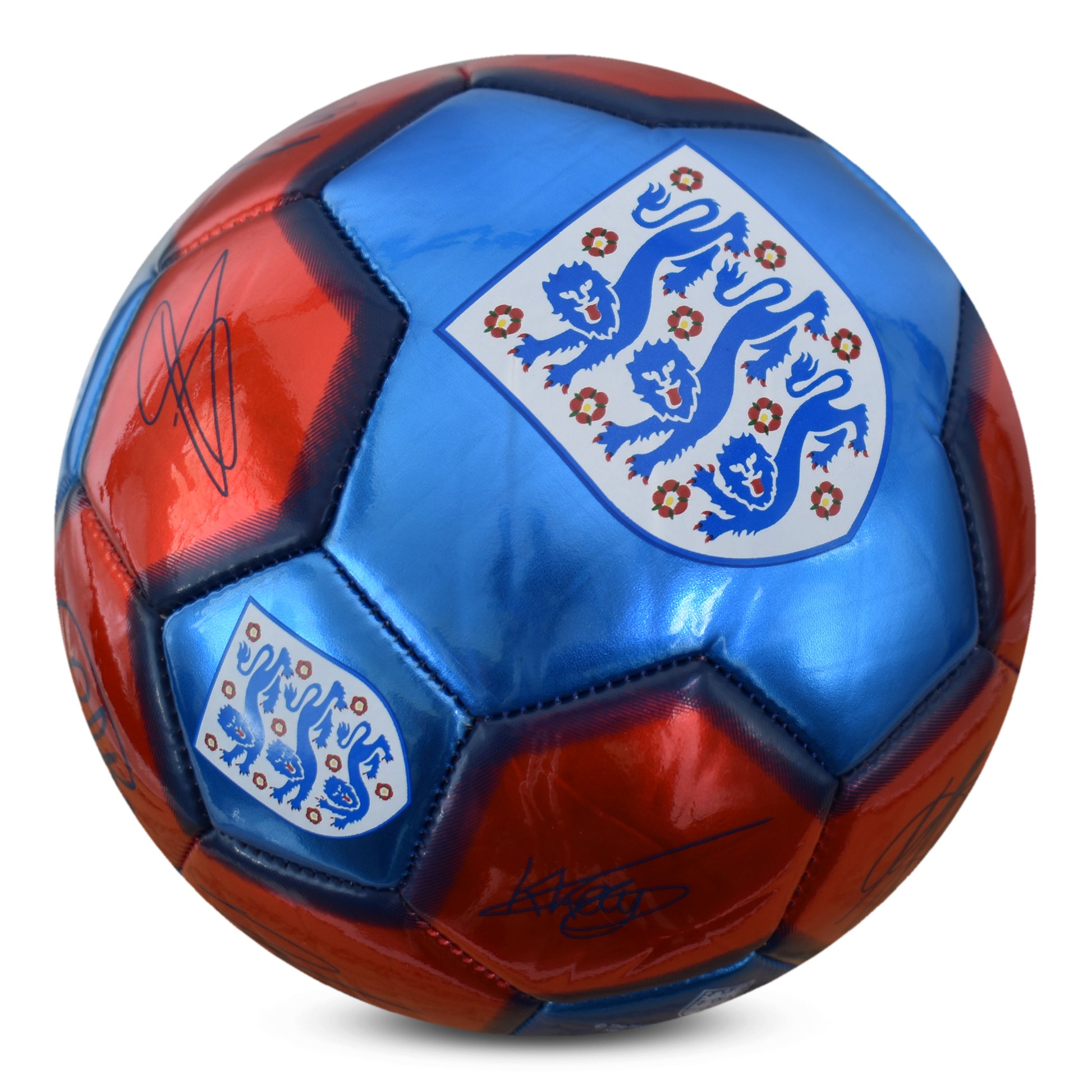 SIDE VIEW OF HY-PRO OFFICIALLY LICESNED ENGLAND SIGNATURE BALL METALLIC  IN RED AND BLUE WITH PLAYER SIGNATURES ON A WHITE BACKGROUND