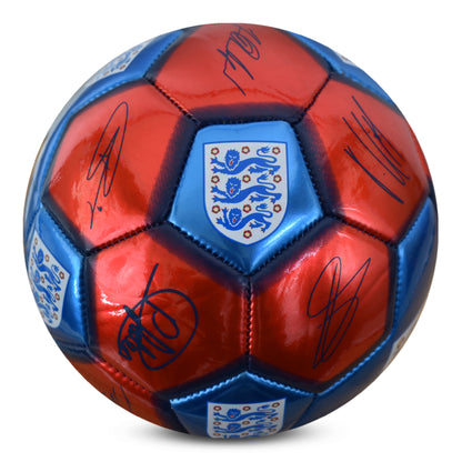 BACK OF HY-PRO OFFICIALLY LICESNED ENGLAND SIGNATURE BALL METALLIC  IN RED AND BLUE WITH PLAYER SIGNATURES ON A WHITE BACKGROUND