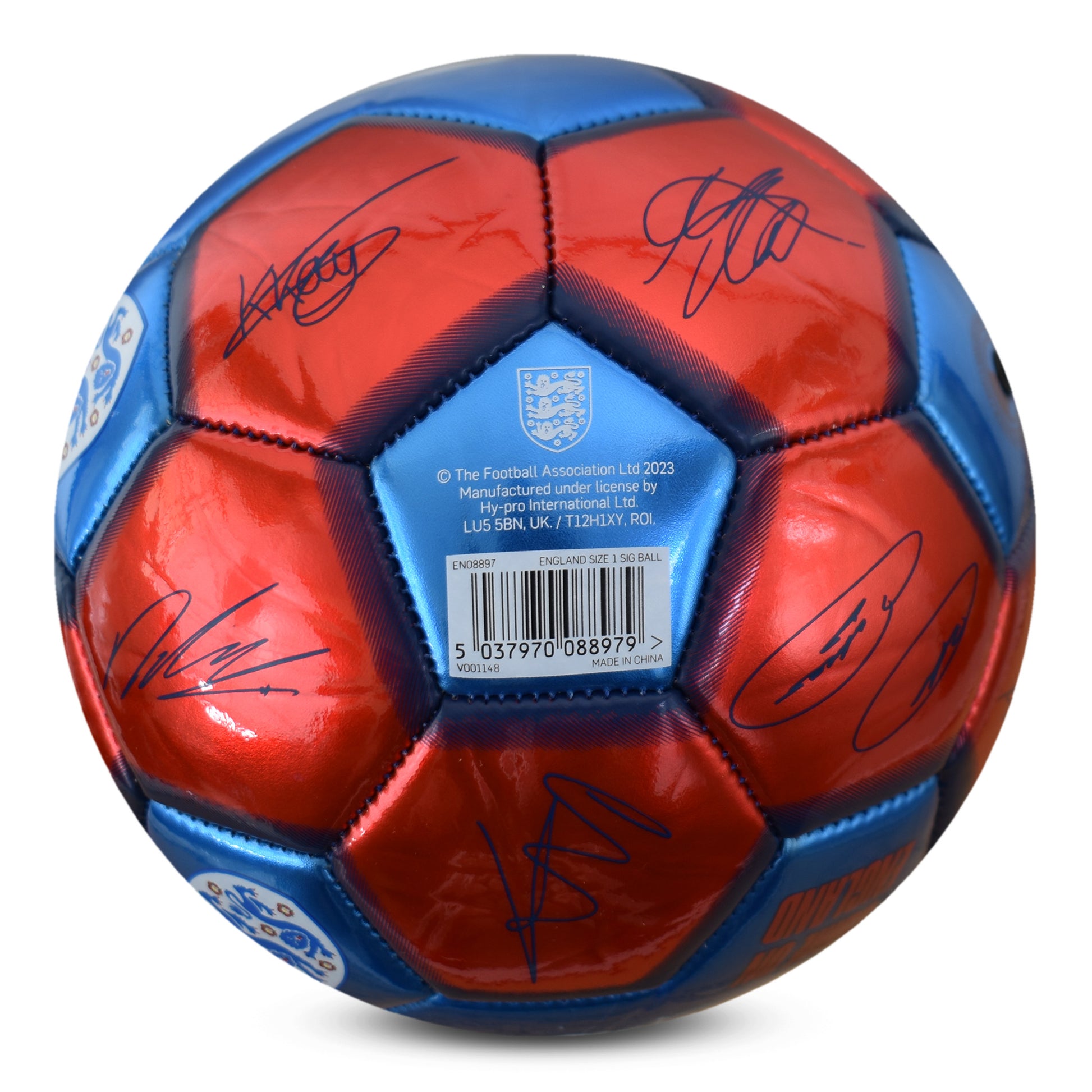 BASE OF HY-PRO OFFICIALLY LICESNED ENGLAND SIGNATURE BALL METALLIC  IN RED AND BLUE WITH PLAYER SIGNATURES ON A WHITE BACKGROUND