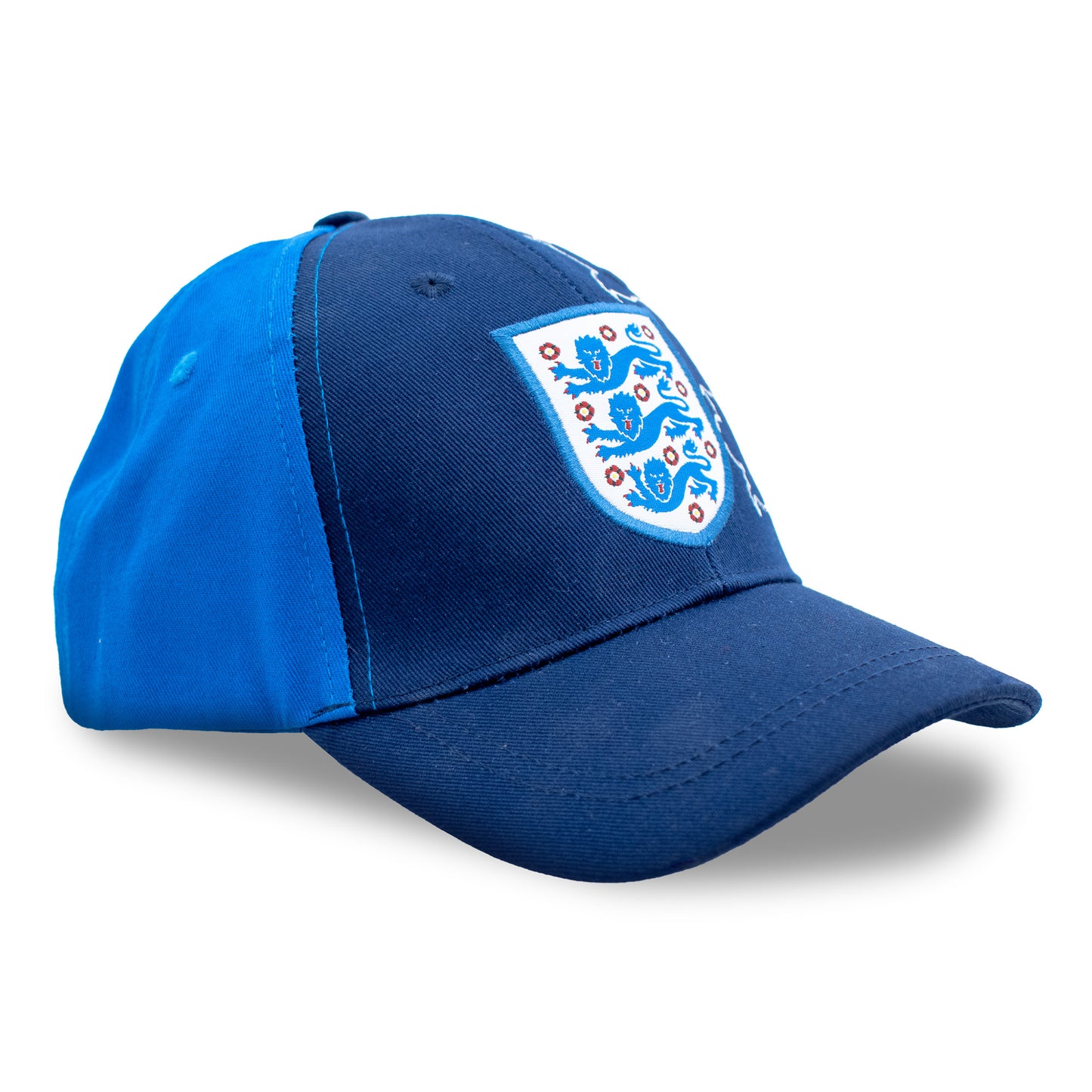 Officially licensed England Cap for kids in blue and navy by Hy-pro sports on a white background