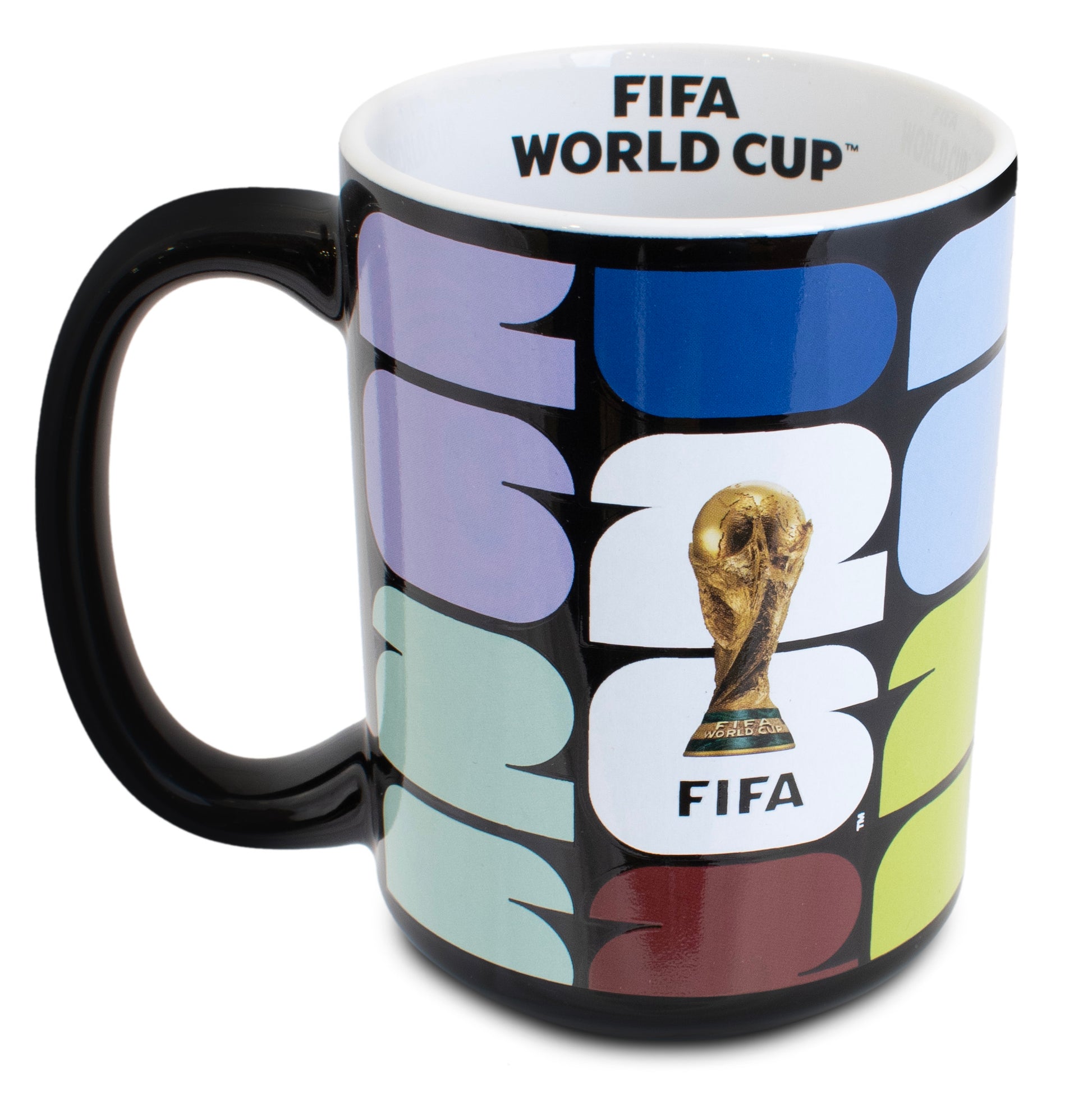 FIFA WORLD CUP 2026 CERAMIC MUG IN BLACK WITH 26 BRANDING ON A WHITE BACKGROUND
