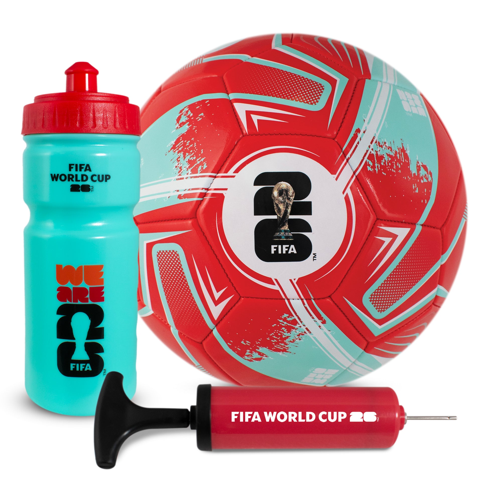 FIFA WORLD CUP 2026 FOOTBALL GIFT SET WITH BALL, PUMP AND BOTTLE ON A WHITE BACKGROUND