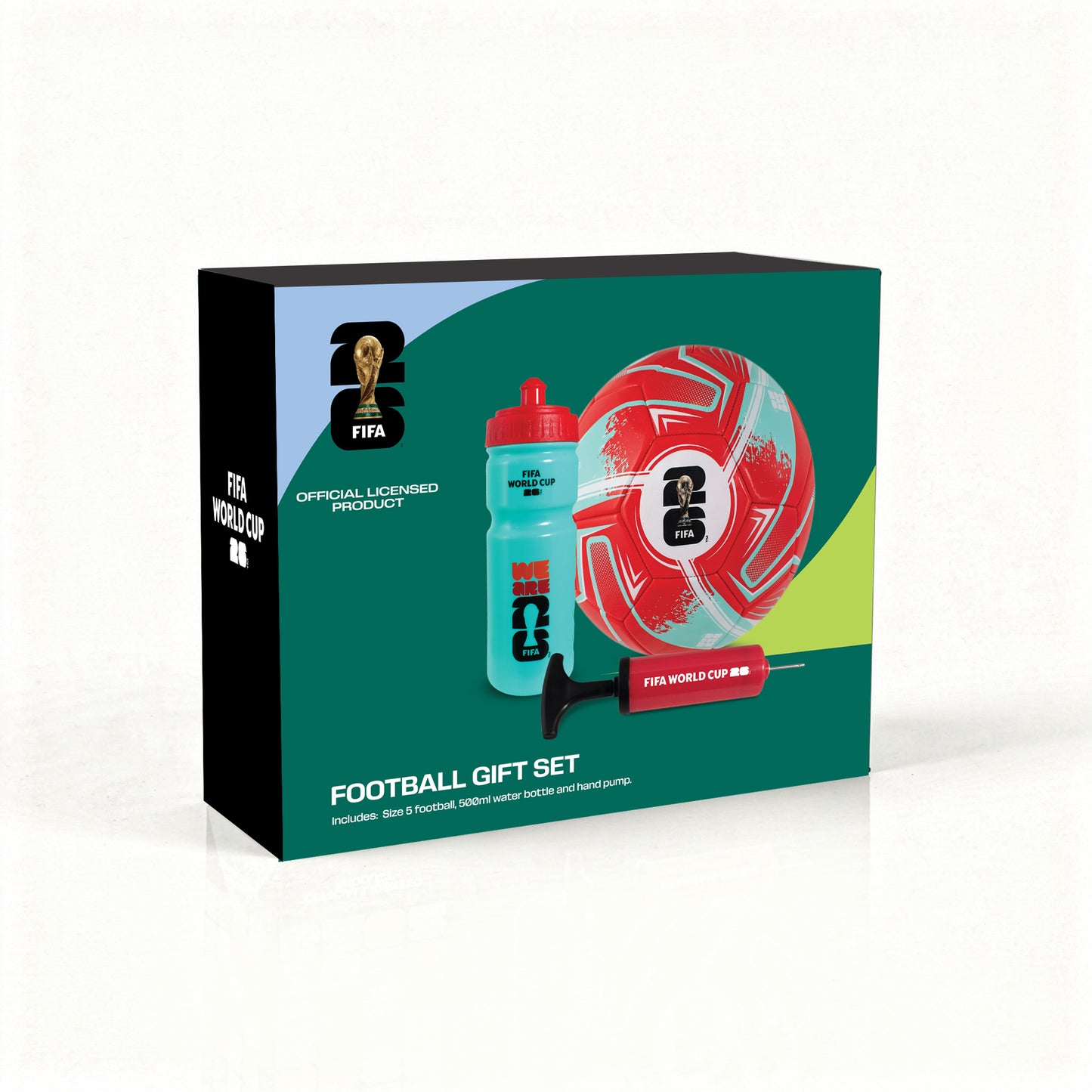OFFICIAL FIFA WORLD CUP 2026 FOOTBALL GIFT SET WITH BALL, PUMP AND BOTTLE IN GREEN FIFA PACKAGING ON A WHITE BACKGROUND