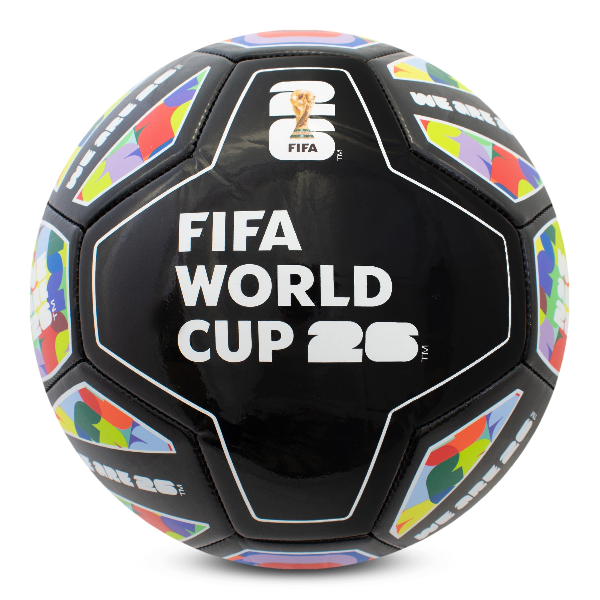 FIFA WORLD CUP 2026 SIZE 5 SPECTRUM FOOTBALL IN BLACK WITH COLOURFUL DESIGNS AND WORLD CUP BRANDING ON A WHITE BACKGROUND