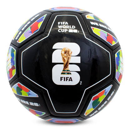 FIFA WORLD CUP 2026 SIZE 5 SPECTRUM FOOTBALL IN BLACK WITH COLOURFUL DESIGNS AND WORLD CUP BRANDING BY HY-PRO ON A WHITE BACKGROUND