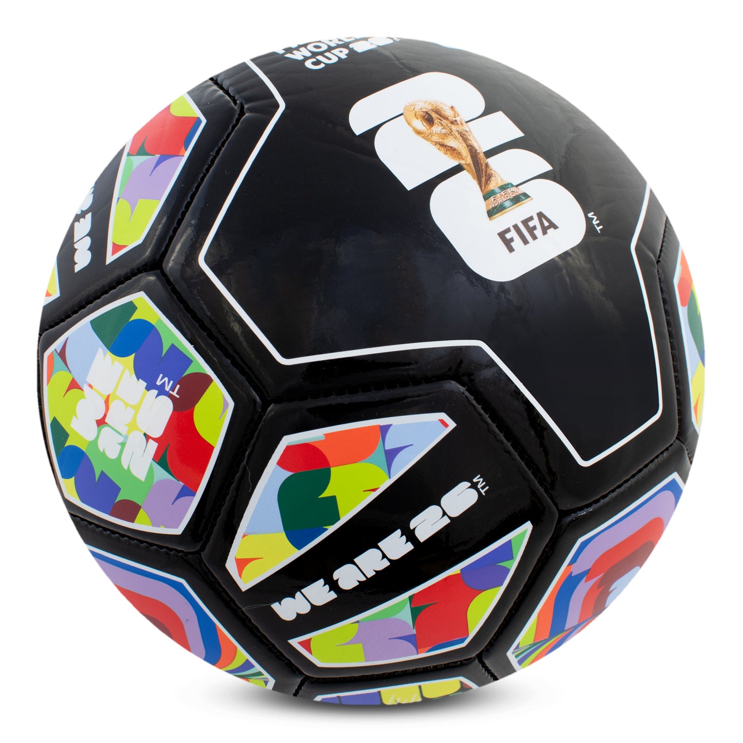 FIFA WORLD CUP 2026 SIZE 5 SPECTRUM FOOTBALL IN BLACK WITH COLOURFUL DESIGNS AND WORLD CUP BRANDING BY HY-PRO SPORTS ON A WHITE BACKGROUND