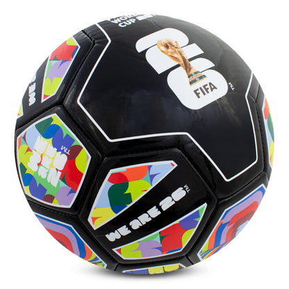 FIFA WORLD CUP 2026 SIZE 5 SPECTRUM FOOTBALL IN BLACK WITH COLOURFUL DESIGNS AND WORLD CUP BRANDING BY HY-PRO SPORTS ON A WHITE BACKGROUND