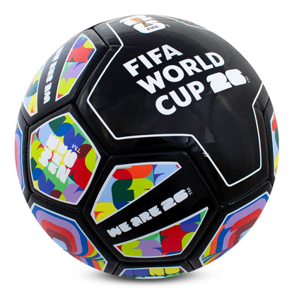 FIFA WORLD CUP 2026 SIZE 5 SPECTRUM FOOTBALL IN BLACK WITH COLOURFUL DESIGNS AND WORLD CUP BRANDING BY HY-PRO SPORTS ON A WHITE BACKGROUND