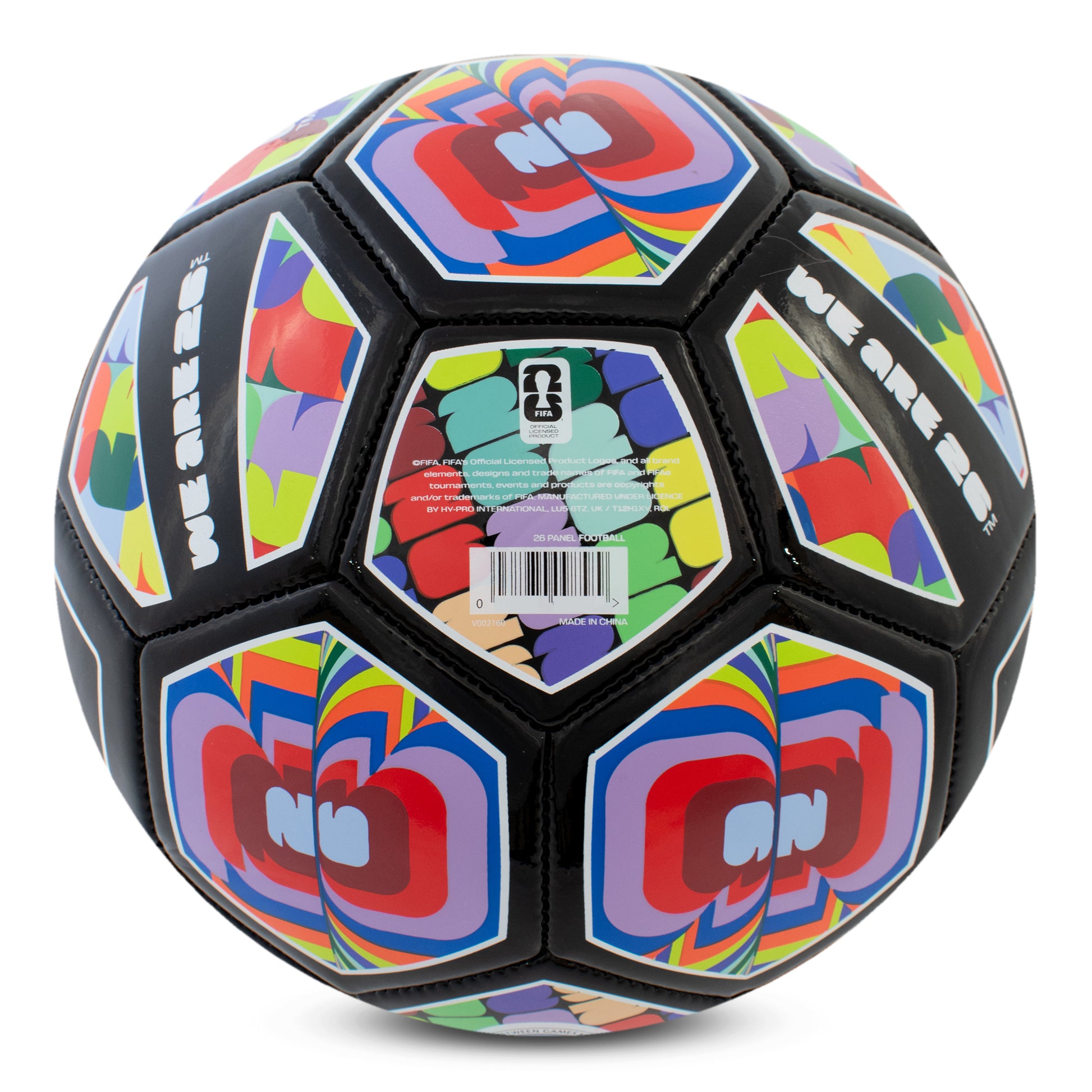 BASE OF FIFA WORLD CUP 2026 SIZE 5 SPECTRUM FOOTBALL IN BLACK WITH COLOURFUL DESIGNS AND WORLD CUP BRANDING BY HY-PRO SPORTS ON A WHITE BACKGROUND