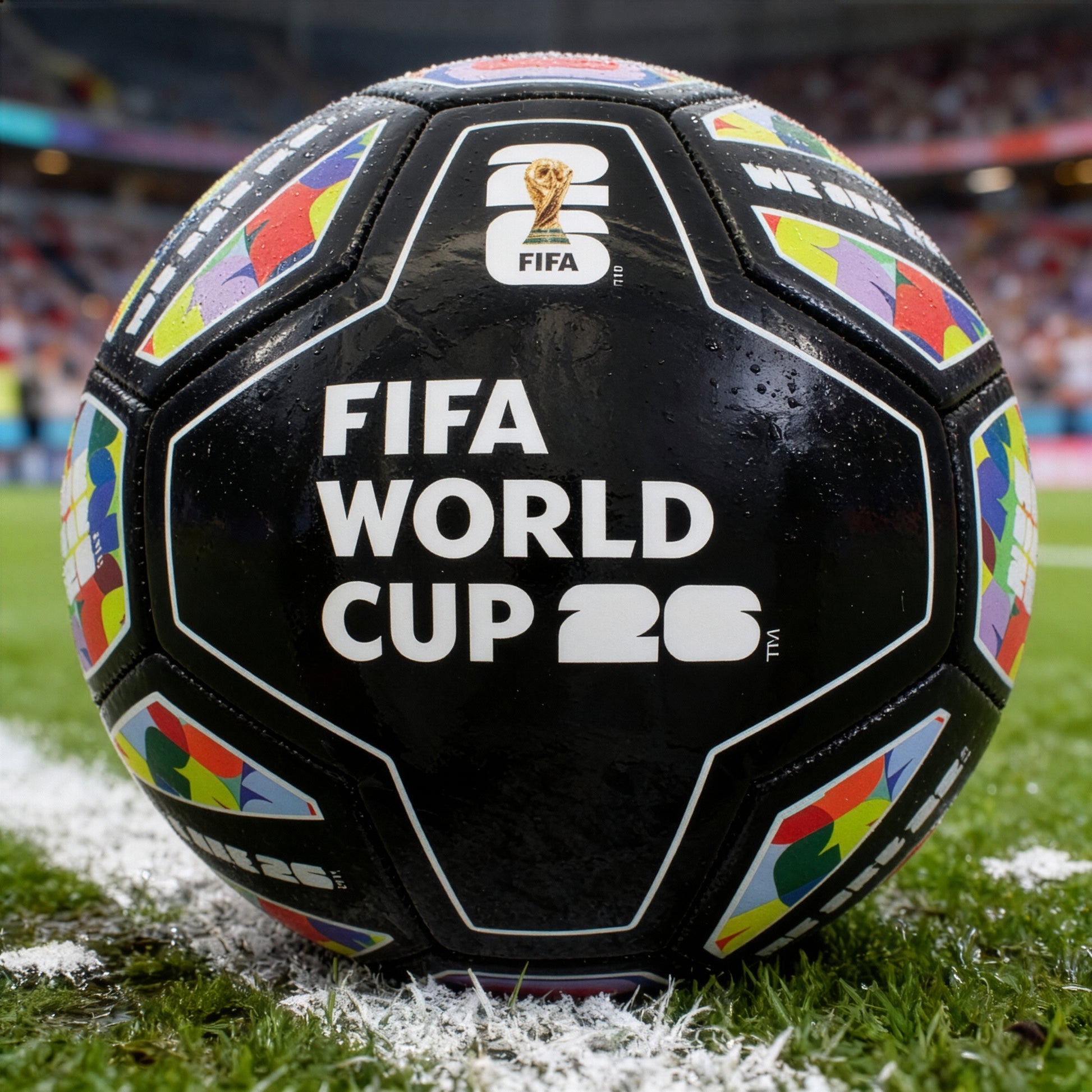 FIFA WORLD CUP 2026 SIZE 5 SPECTRUM FOOTBALL IN BLACK WITH COLOURFUL DESIGNS AND WORLD CUP BRANDING BY HY-PRO SPORTS ON A GRASS FOOTBALL PITCH