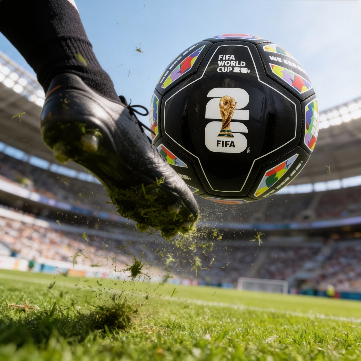 FIFA WORLD CUP 2026 SIZE 5 SPECTRUM FOOTBALL IN BLACK WITH COLOURFUL DESIGNS AND WORLD CUP BRANDING BY HY-PRO SPORTS BENG KICKED THROUGH A FOOTBALL STADIUM
