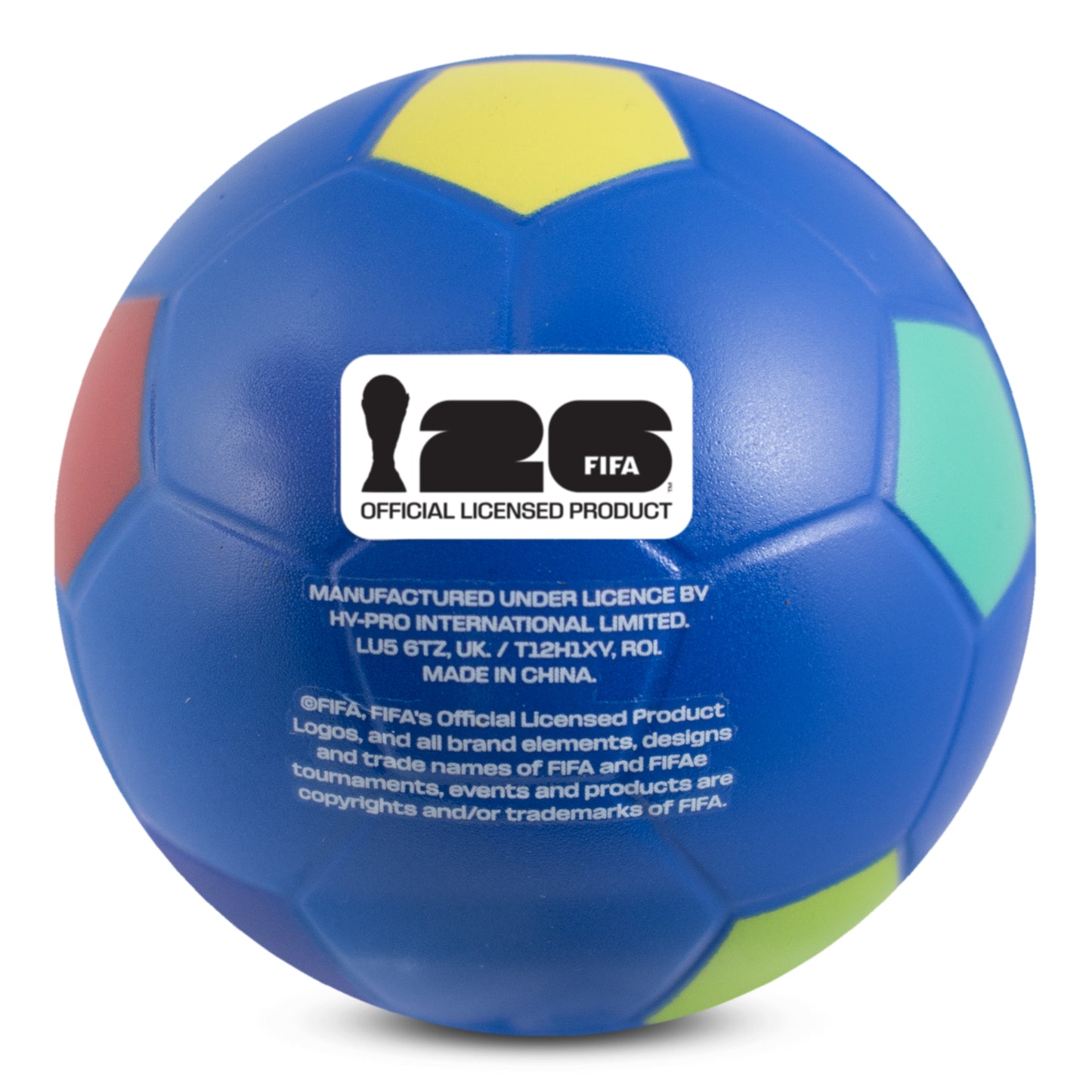 bottom of Official FIFA World Cup 2026 stress ball by HY-PRO SPORTS in Blue on a white background