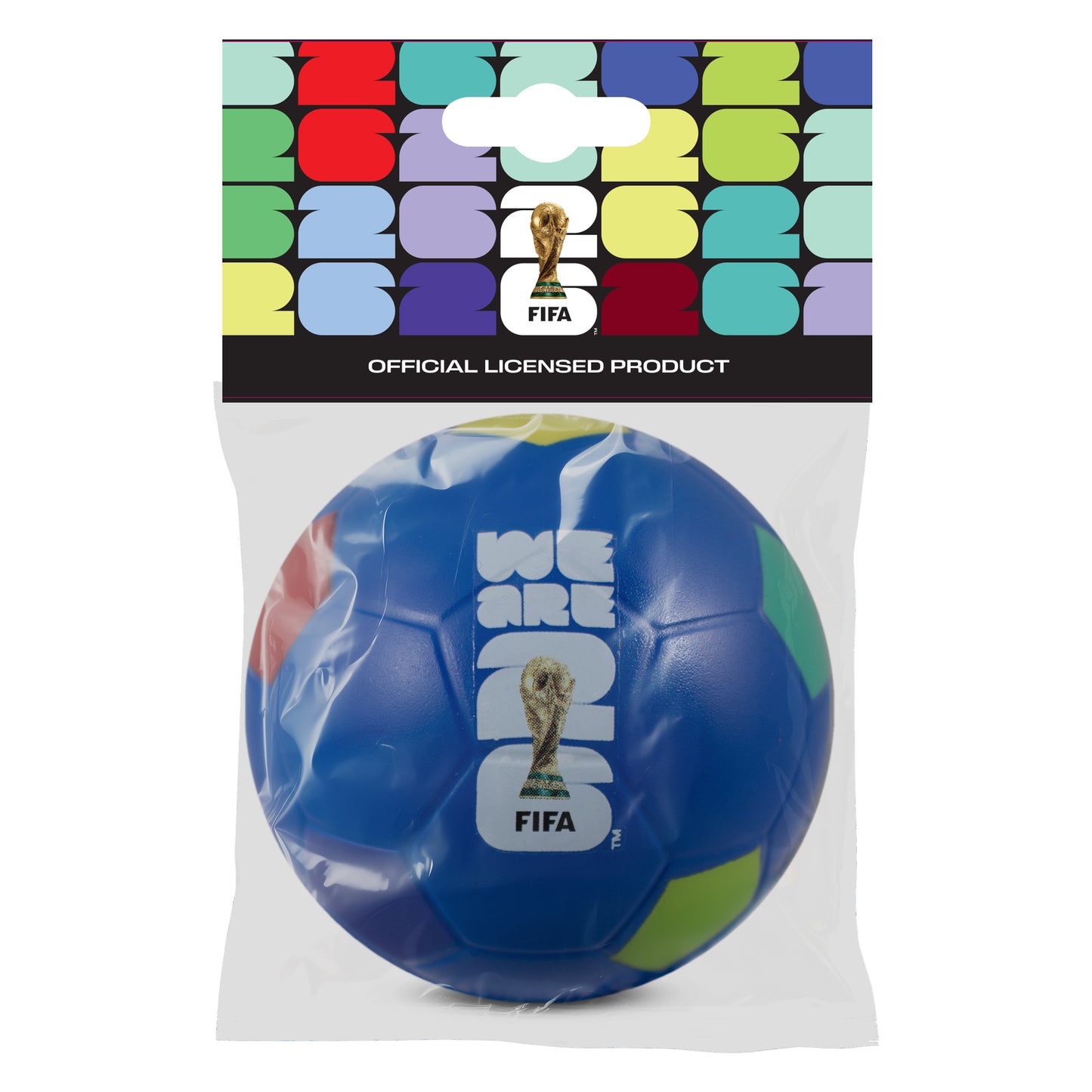 Official FIFA World Cup 2026 stress ball by HY-PRO SPORTS in Blue inside official FIFA packaging on a white background