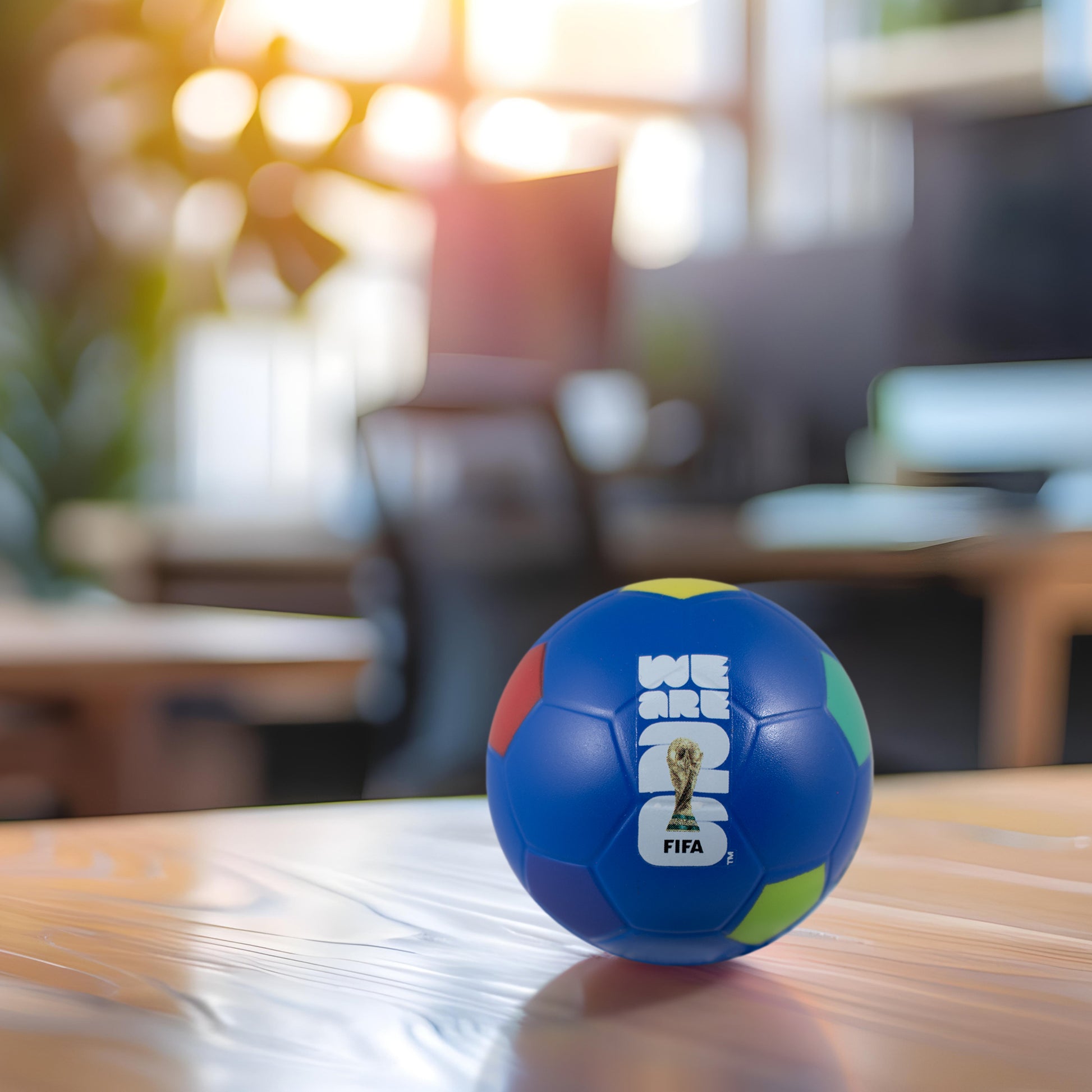 Official FIFA World Cup 2026 stress ball by HY-PRO SPORTS in Blue on a desk in an office